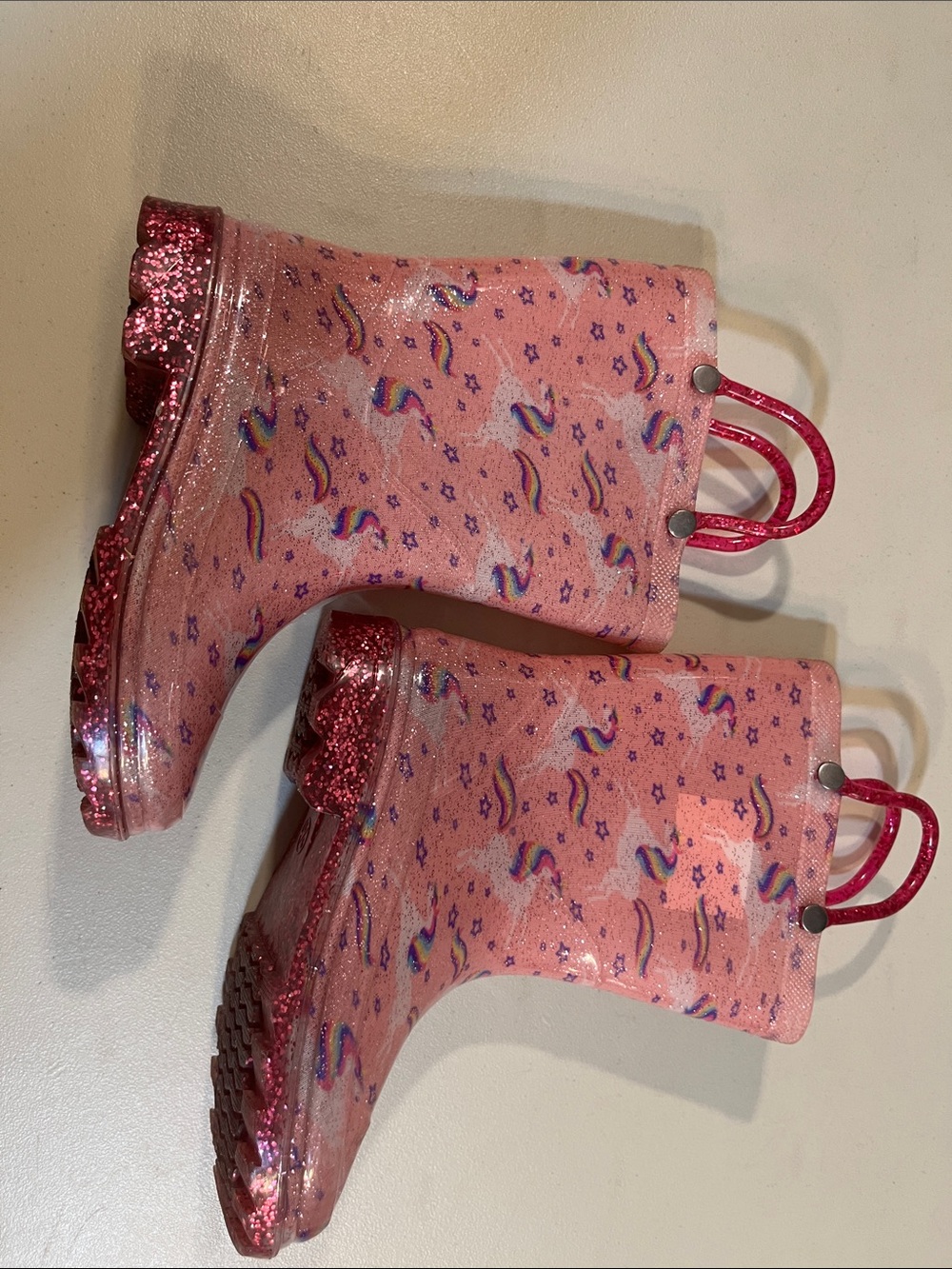 Kids' Pink Unicorn Glitter Rain Boots with Easy Pull Loops
